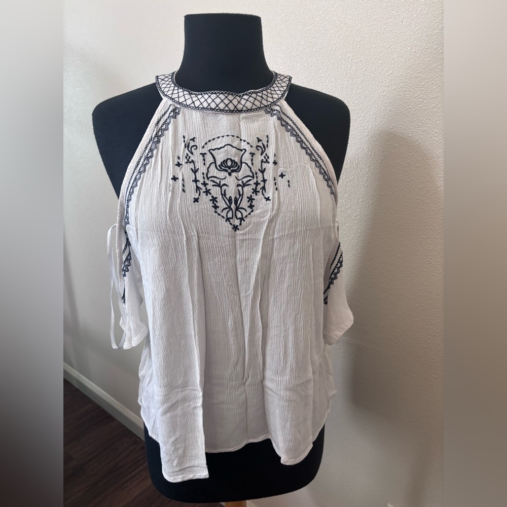 love, Fire White Halter Camisole with Navy Embroidery